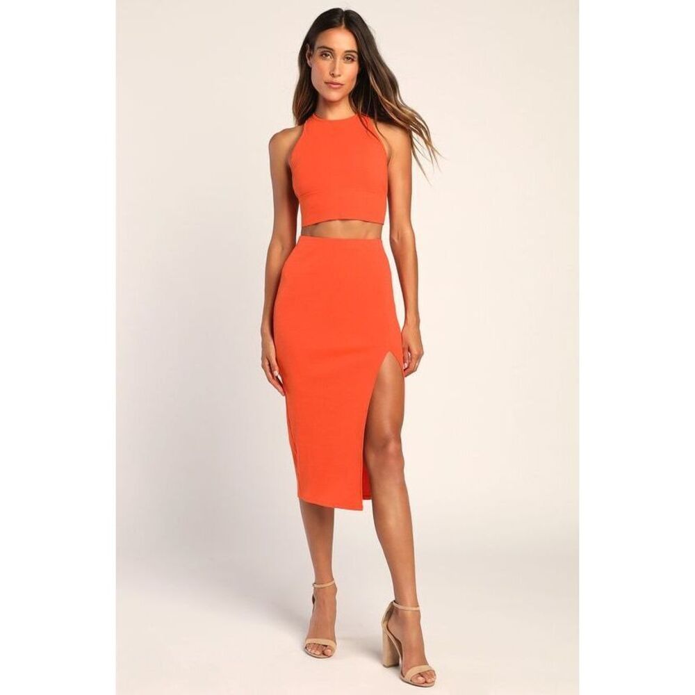 Lulus Absolute Edge Coral Sleeveless Two-piece Bodycon Midi Dress Orange